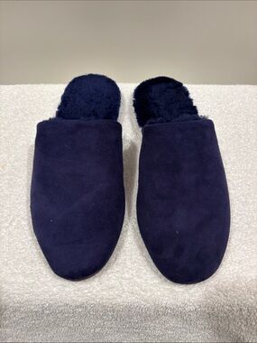 TKEES Navy Suede Shearling-Lined Mules